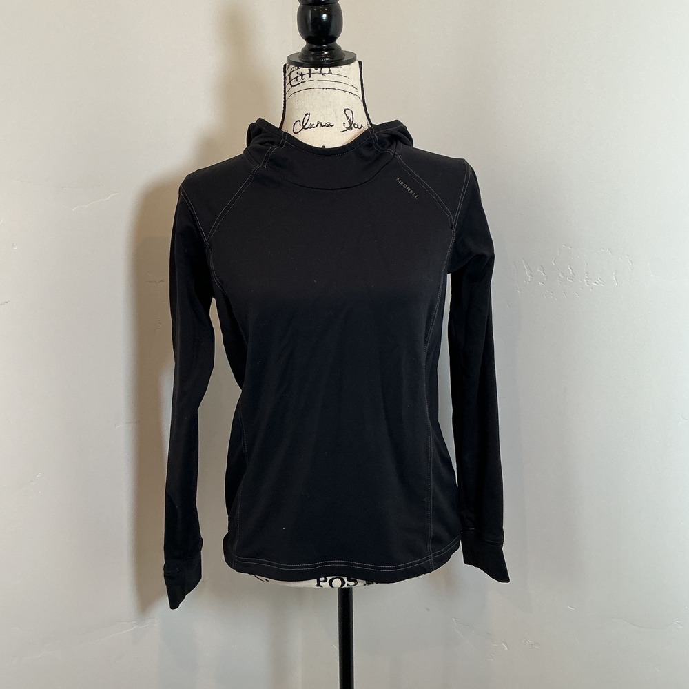 Merrell Active Performance Hoodie Black Contrast Stitch Long Sleeve M Hiking Top